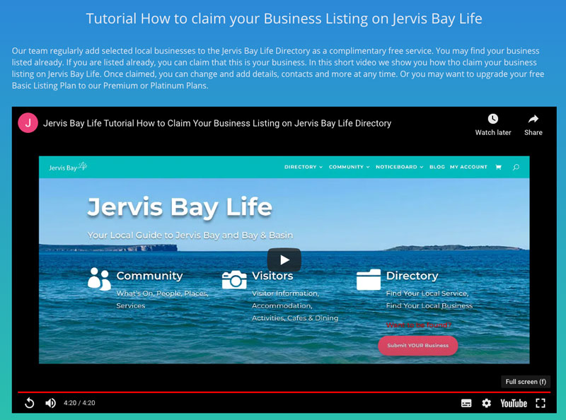 Jervis Bay Tutorial on You Tube How to claim your business listing